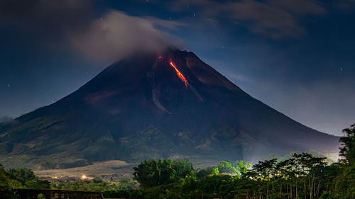 Lava merapi mountain in night