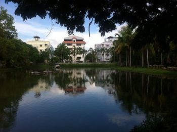 Scenic view of lake by building against sky