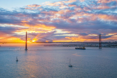 Suspension bridge over sea against sky during sunset