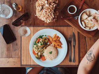 High angle view of breakfast on table