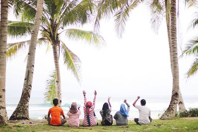 Rear view of people sitting on palm trees