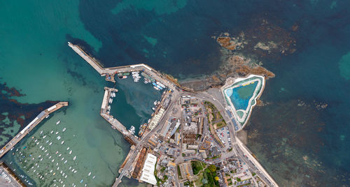 High angle view of boats in sea