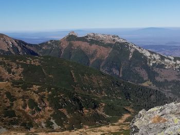 Scenic view of mountains against clear blue sky