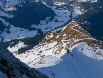 Aerial view of snowcapped mountains during winter