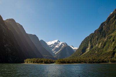 Scenic view of lake and mountains against clear sky