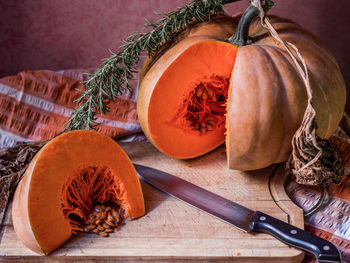 High angle view of pumpkin on table