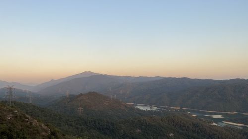 High angle view of landscape against clear sky during sunset