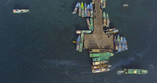 High angle view of ship moored in lake