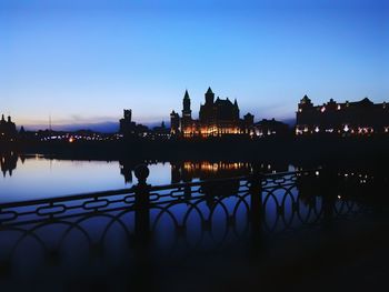 Reflection of buildings in river at sunset