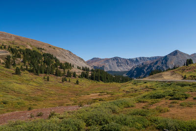Scenic view of mountains against clear blue sky