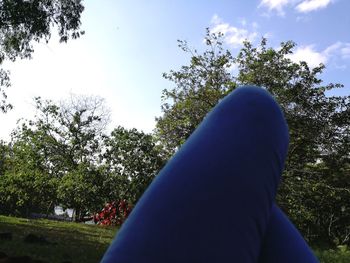 Close-up of man against trees against sky