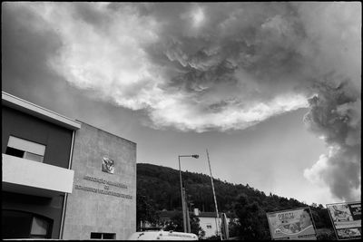 Road sign against sky in city