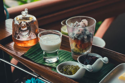 High angle view of drink on table