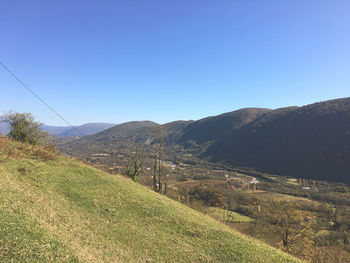 Scenic view of field against clear blue sky