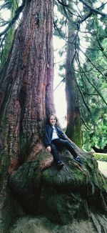 Man with lizard on tree trunk in forest