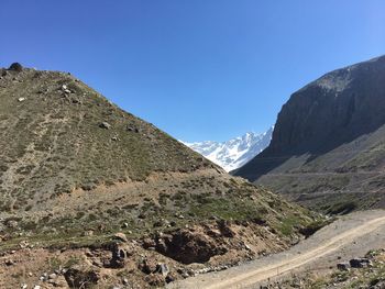 Scenic view of mountains against clear blue sky