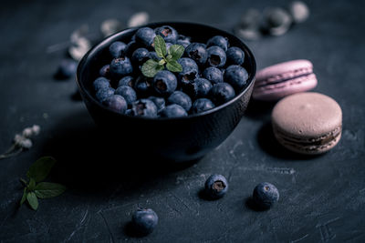 Close-up of blueberries in bowl on table