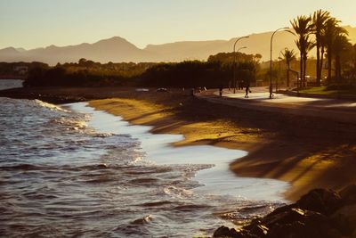 Scenic view beach against clear sky at sunset