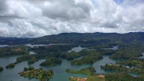 Scenic view of lake and mountains against sky