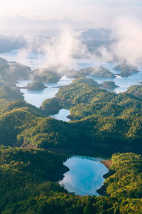 Scenic view of lake by trees against sky