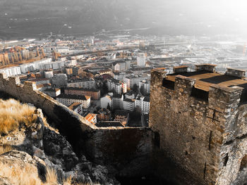 High angle view of buildings in city