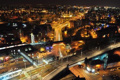 Aerial view of illuminated cityscape