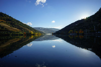 Scenic view of lake and mountains against sky