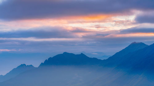 Scenic view of mountains against sky during sunset