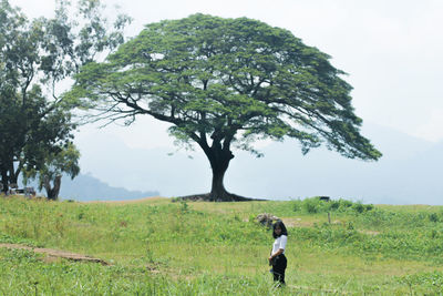 Man walking on field against sky