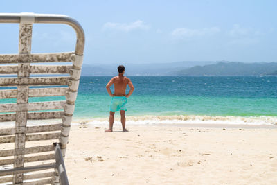 Rear view of shirtless man standing at beach