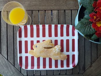 High angle view of dessert in glass on table