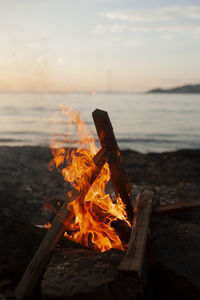 Burning fire with wood and orange flame on background of the sunset by the sea, summer sea camping