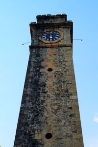 Low angle view of bell tower against blue sky