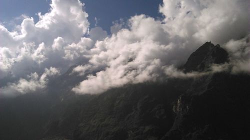 Scenic view of mountains against cloudy sky