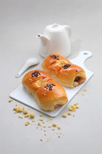 High angle view of breakfast served on table