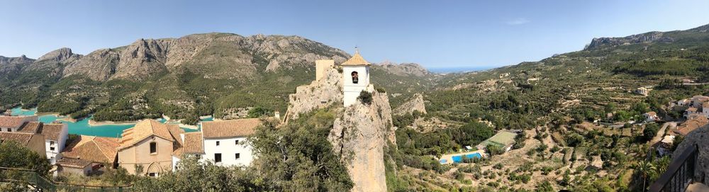 Panoramic view of trees and buildings against sky