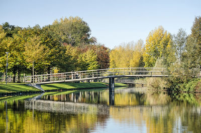 Bridges across a pond in a park in autumn