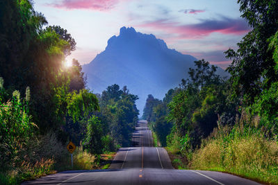 Road amidst trees against sky during sunset