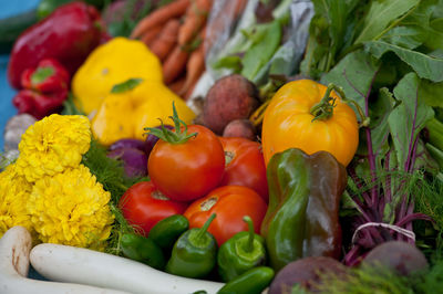 Close up of bell peppers, tomatos, jalapeños and potatoes