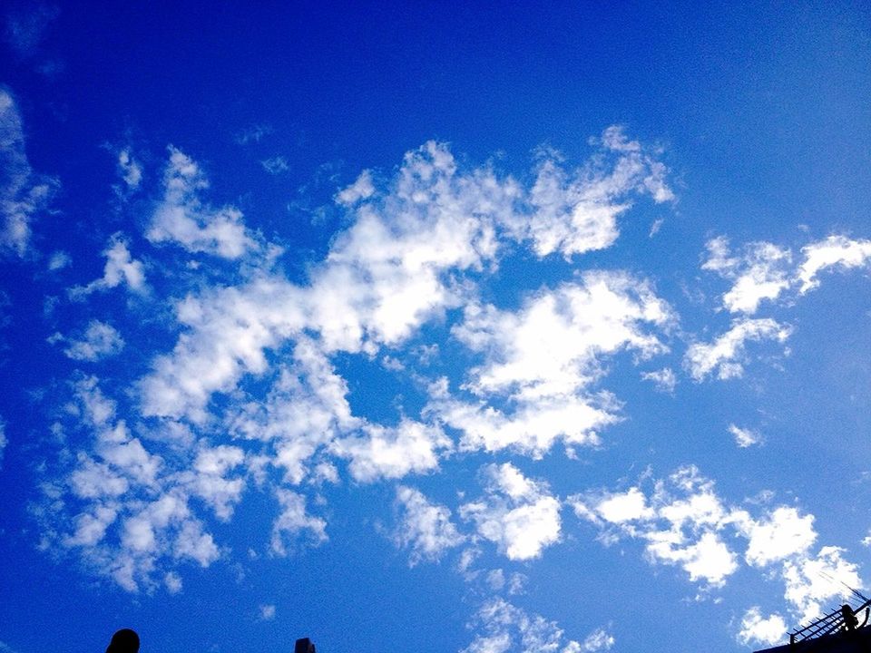 blue, low angle view, sky, cloud - sky, beauty in nature, nature, cloud, tranquility, scenics, sky only, tranquil scene, outdoors, day, cloudscape, no people, sunlight, white color, idyllic, backgrounds, cloudy