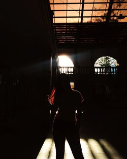 Rear view of silhouette man standing in illuminated building