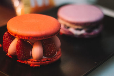 Close-up of macaroons served in plate on table