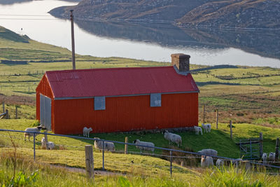 House on field by houses against mountain