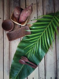 High angle view of leaves on table