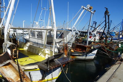 Sailboats moored at harbor against blue sky