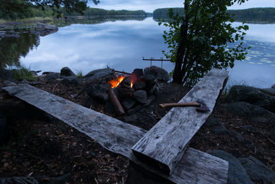 High angle view of wooden log on lake