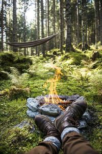 Low section of man relaxing on log in forest