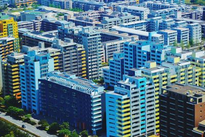 High angle view of modern buildings in city