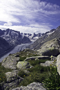 Scenic view of mountains against cloudy sky