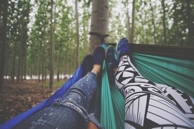 Low section of woman legs on tree trunk in forest